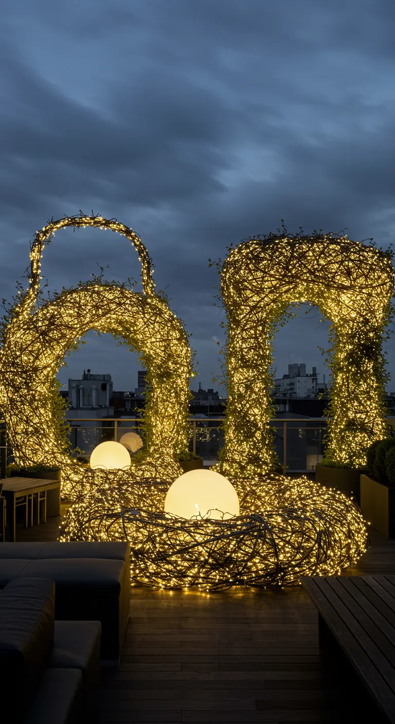 Large, abstract sculptures made from woven branches and fairy lights, glowing on a rooftop deck.