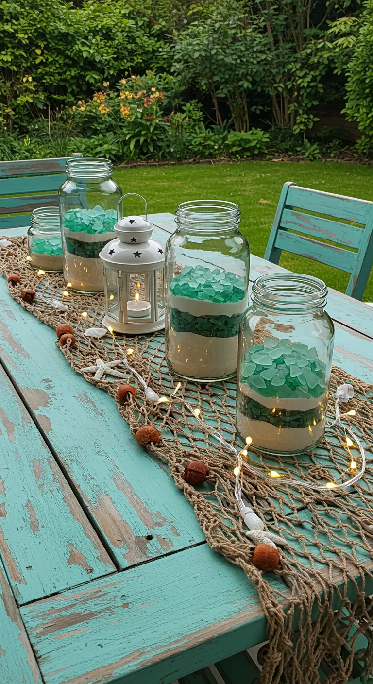 Turquoise table with jars of sand and sea glass, a fishing net runner, and fairy lights.