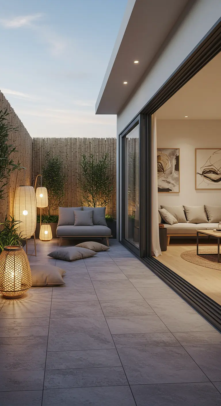 Modern terrace with woven lanterns and floor cushions adjacent to an open living room.