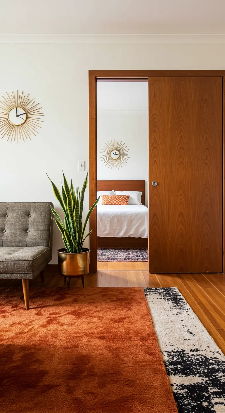 Mid-century modern living area with a wood pocket door revealing the bedroom.