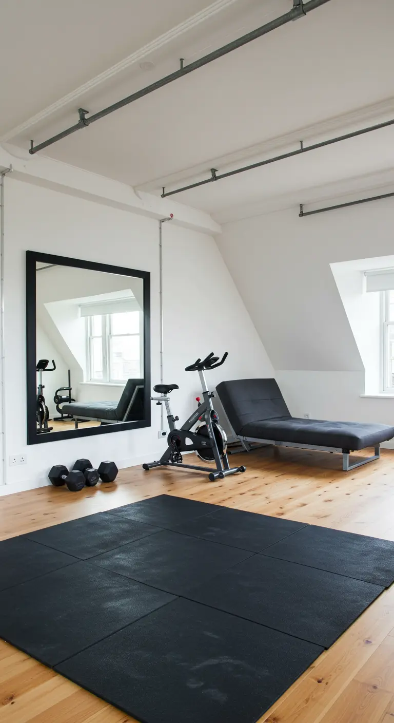A home gym area in a loft with an exercise bike, weights, and a large black-framed mirror.