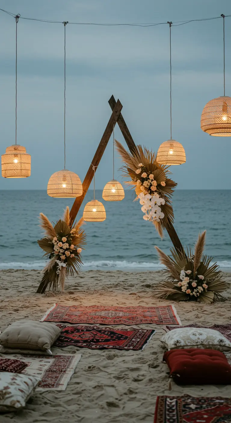 A-frame wedding arch on a beach with hanging rattan lanterns and pampas grass decor.