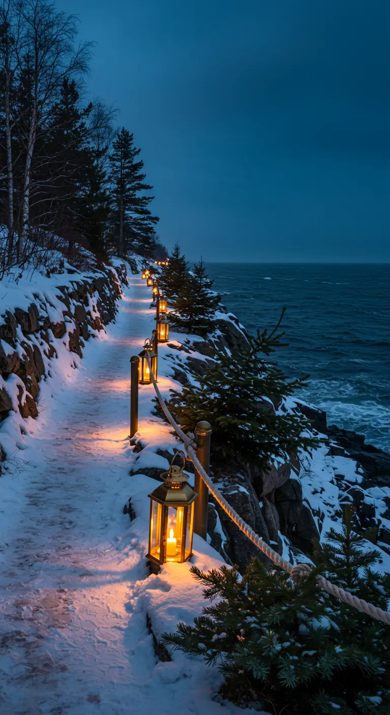 Snowy coastal path with rope railing and lanterns overlooking the water.