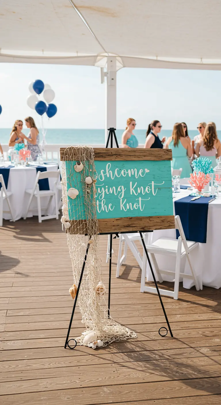 A turquoise painted wooden sign for a beach wedding that says 'Welcome to Tying the Knot.'