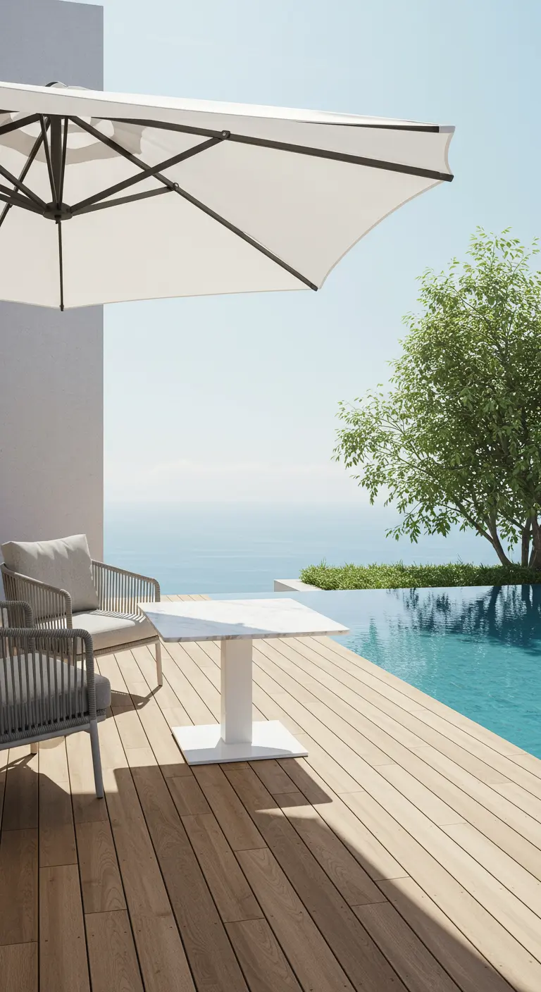 Minimalist poolside patio with a marble bistro table overlooking the ocean.