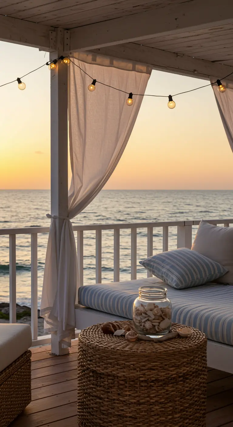 Coastal canopy daybed with striped cushions overlooking the ocean at sunset.