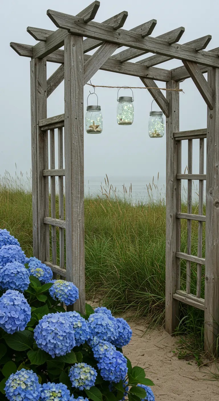 Weathered beach arbor with solar jars containing seashells, overlooking the ocean.