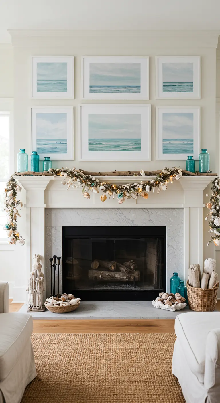 Coastal mantel with a seashell driftwood garland and ocean-themed art.