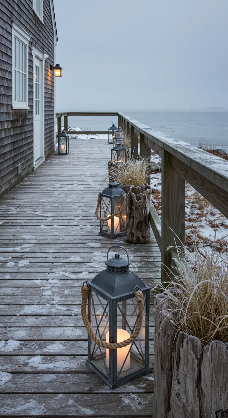 A snowy wooden deck overlooking the sea, lined with rope-handled lanterns and driftwood planters.