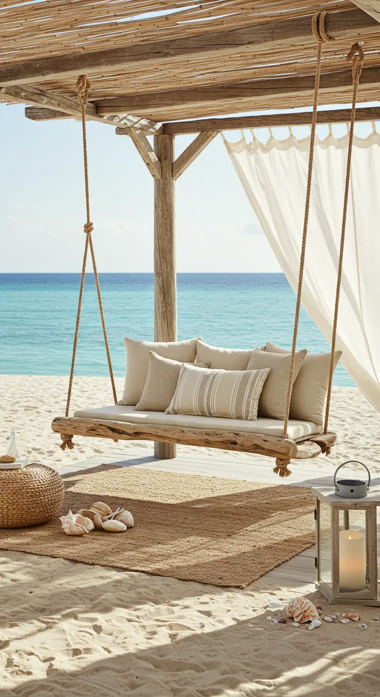 Driftwood swing bench with neutral cushions and jute rug on a sandy beach.