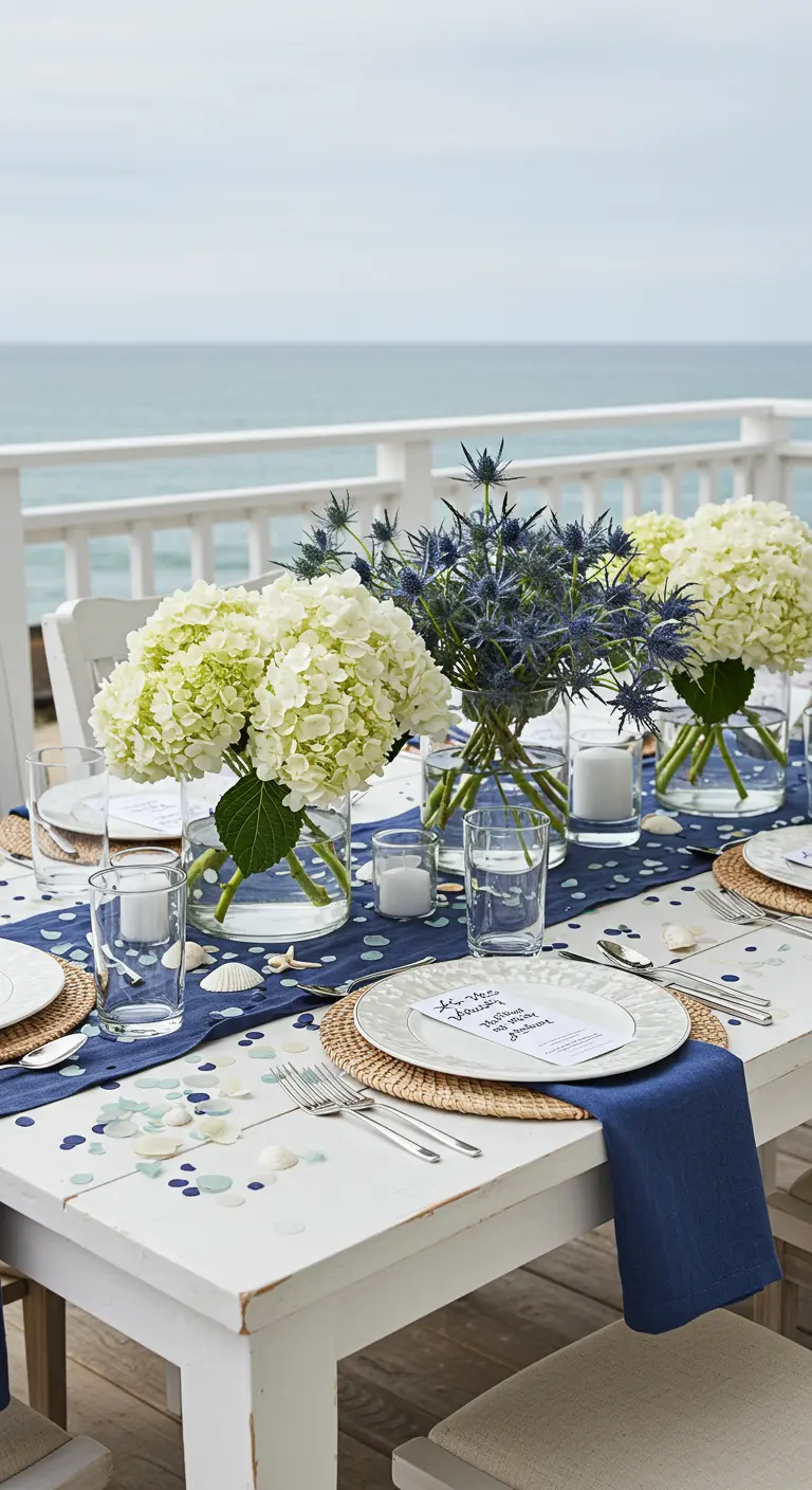 Coastal tablescape with hydrangeas, navy accents, and an ocean view.