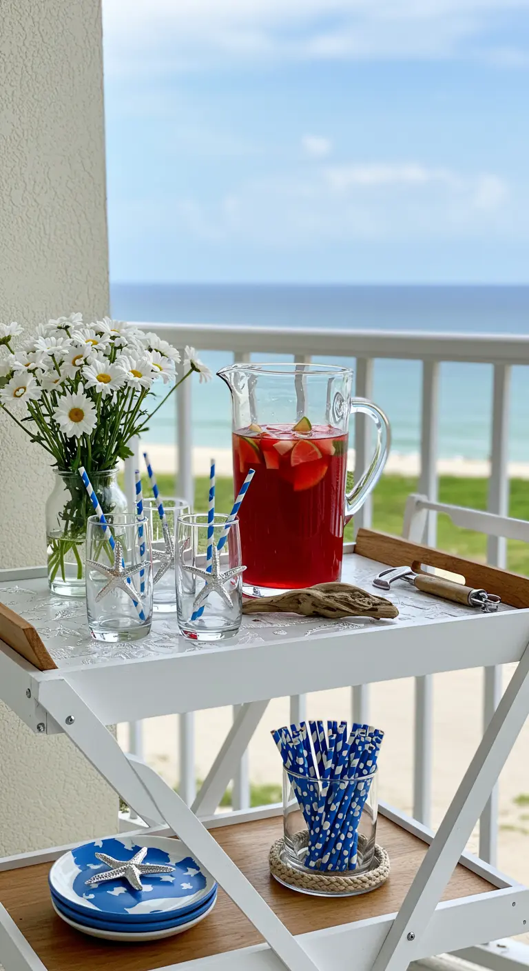 A white bar cart on a balcony overlooking the ocean, serving red punch with patriotic straws.