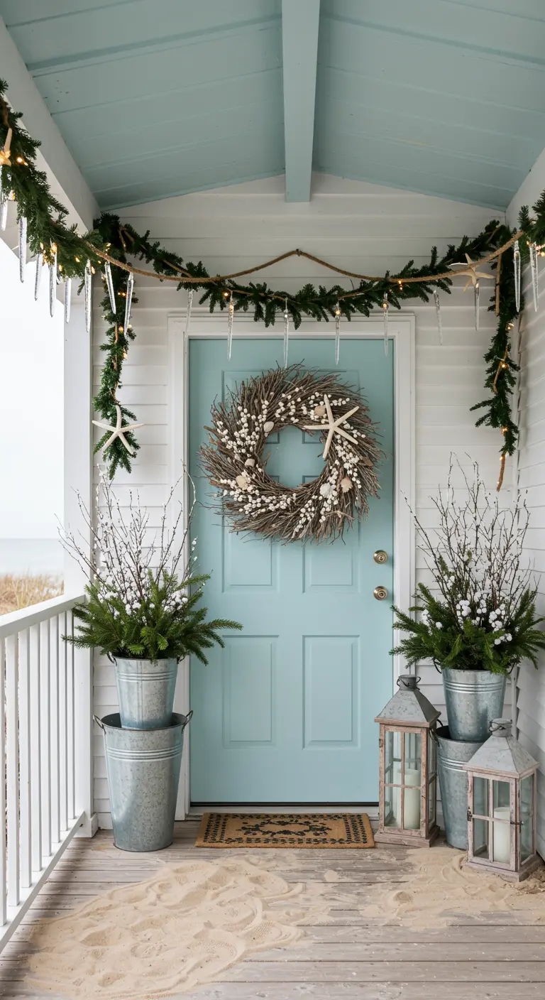 Coastal porch with a driftwood and starfish wreath, pine in buckets, and icicle ornaments.