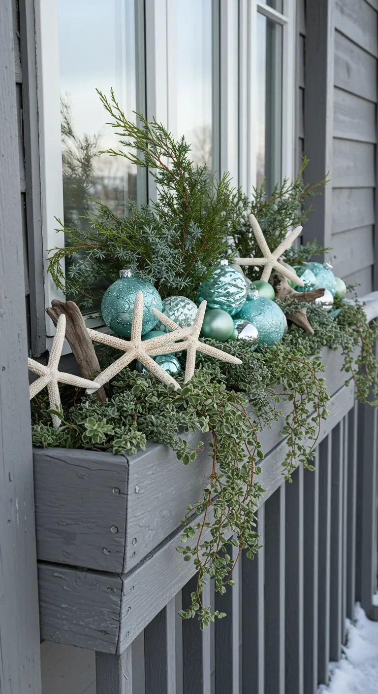 A coastal-themed window box with juniper, starfish, driftwood, and aqua baubles.