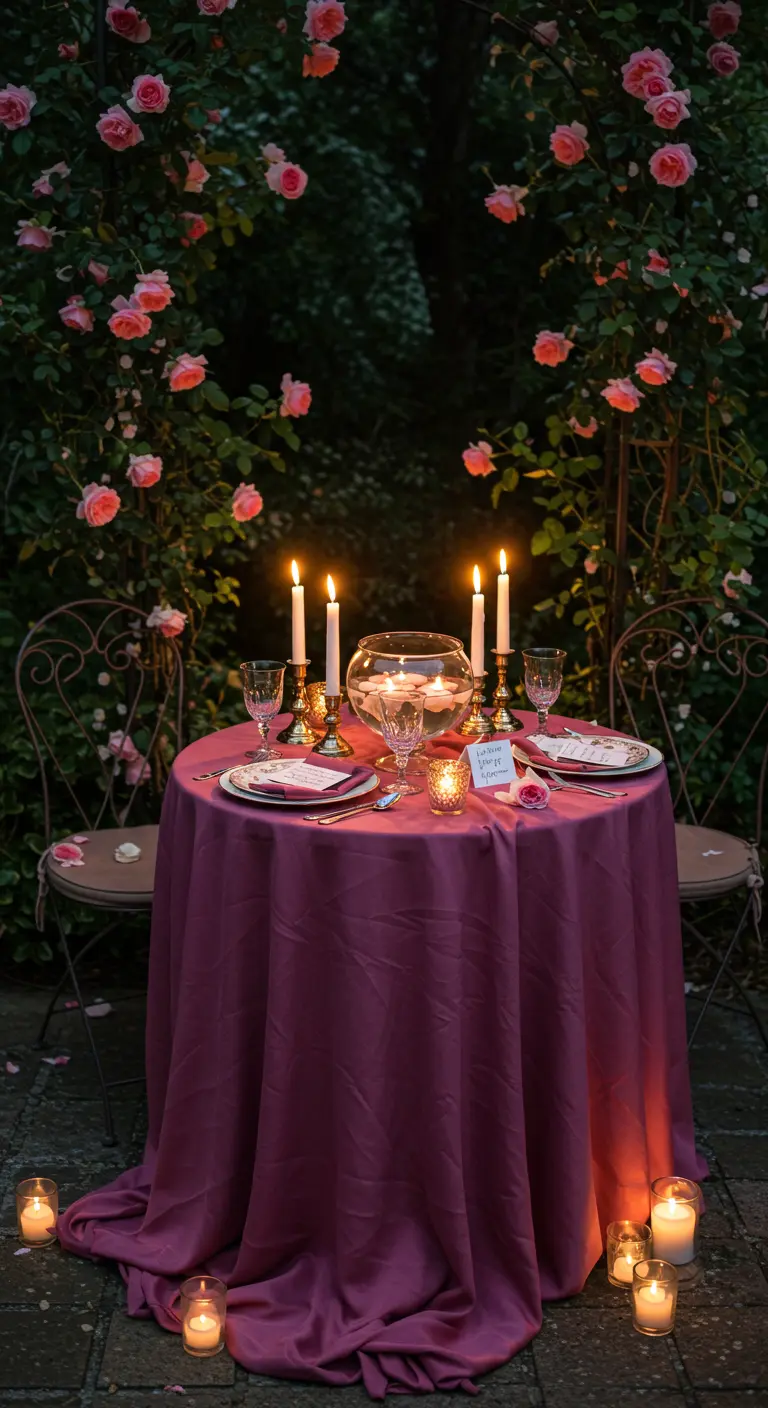 Romantic table for two in a rose garden with a magenta cloth and a bowl of floating candles.