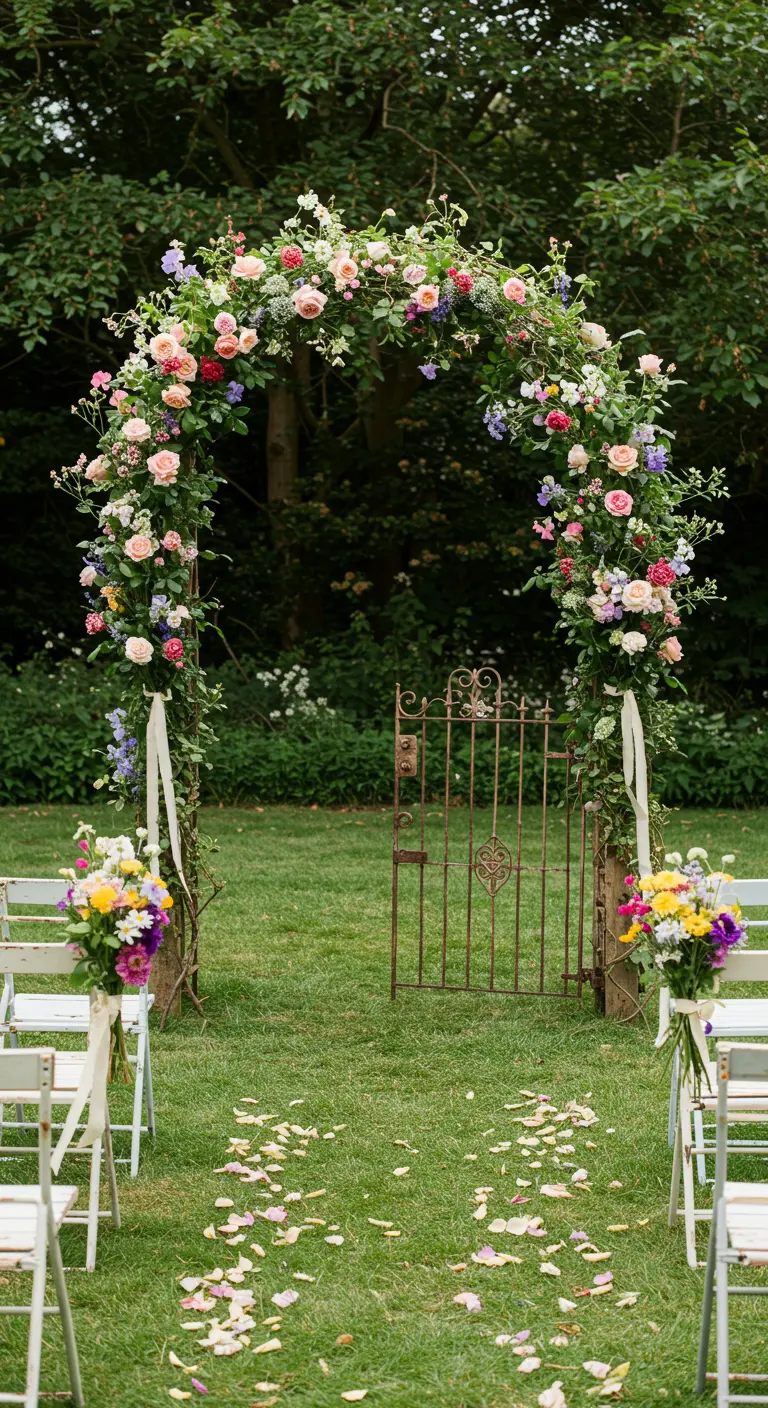 A floral wedding arch with a vintage iron gate set behind it in a lush garden.