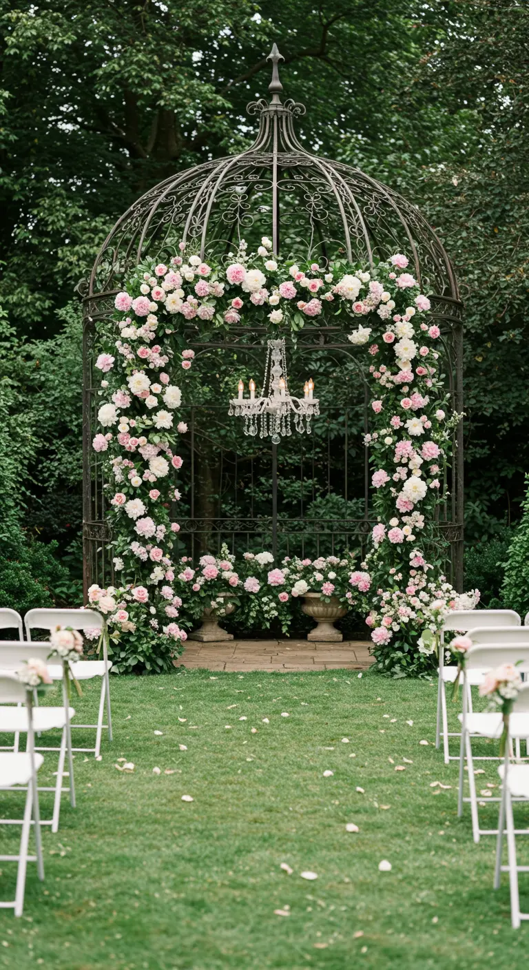 A metal garden gazebo decorated with an arch of pink and white peonies.