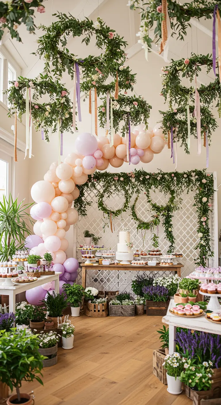 An indoor garden party with hanging greenery hoops, ribbons, and a pastel balloon arch.