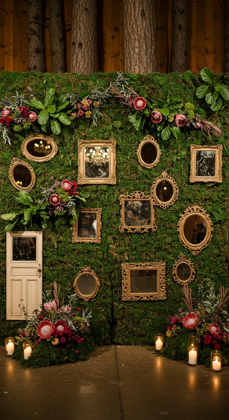 A moss wall decorated with ornate gold mirrors of various sizes and exotic pink flowers.