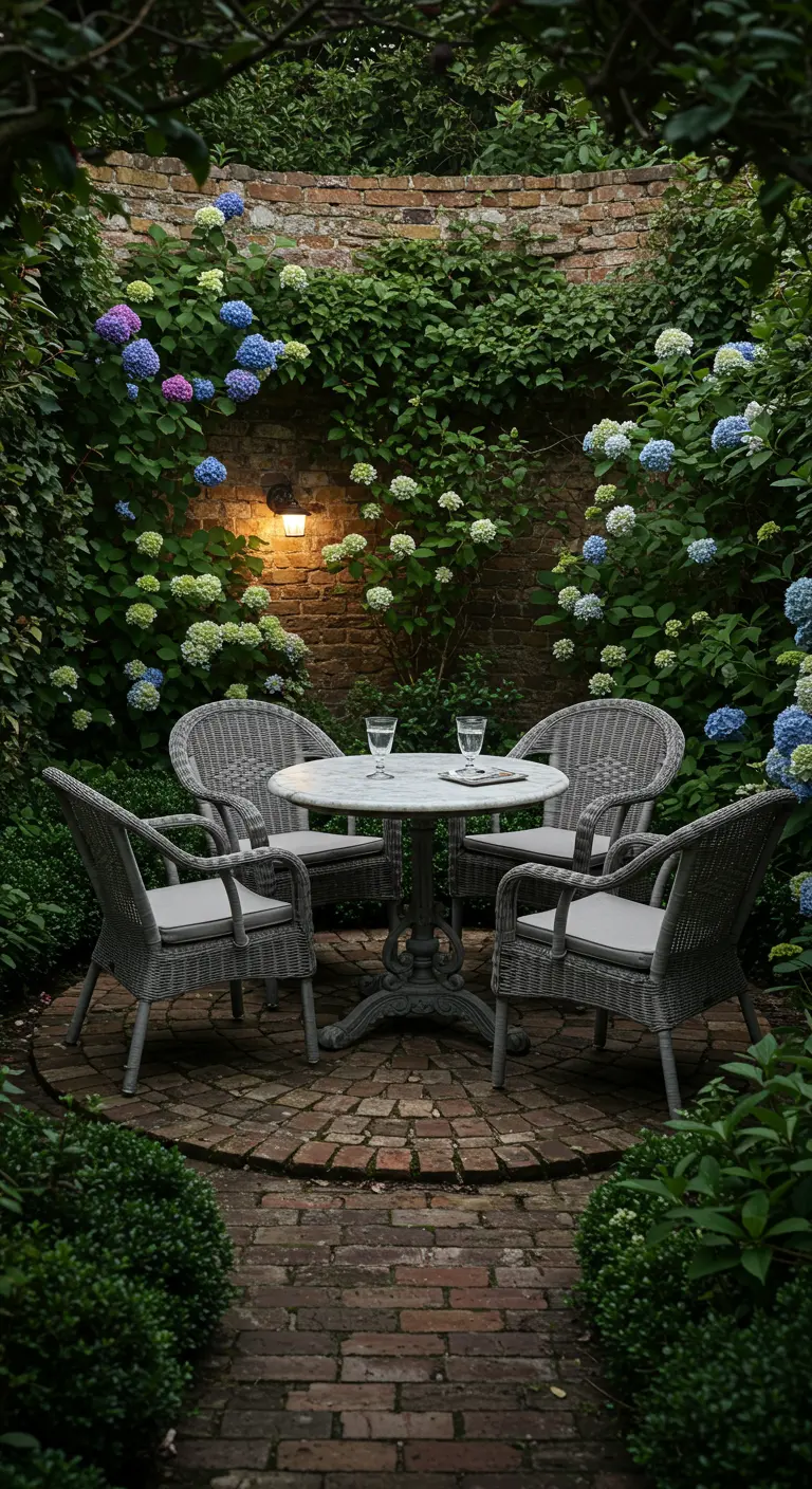 A cozy brick-walled garden nook with a marble table, surrounded by hydrangeas.