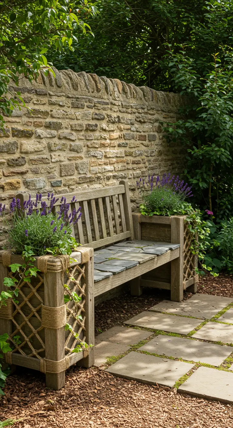 A wooden garden bench with rope lattice planters filled with lavender, against a stone wall.