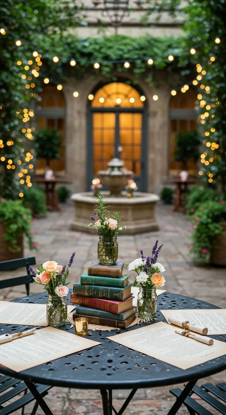 Outdoor courtyard bistro table with book stacks, mason jar flowers, and string lights.