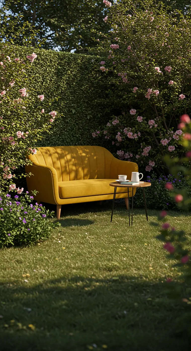 A curved mustard velvet sofa tucked into a blooming rose bush in a lush green garden.