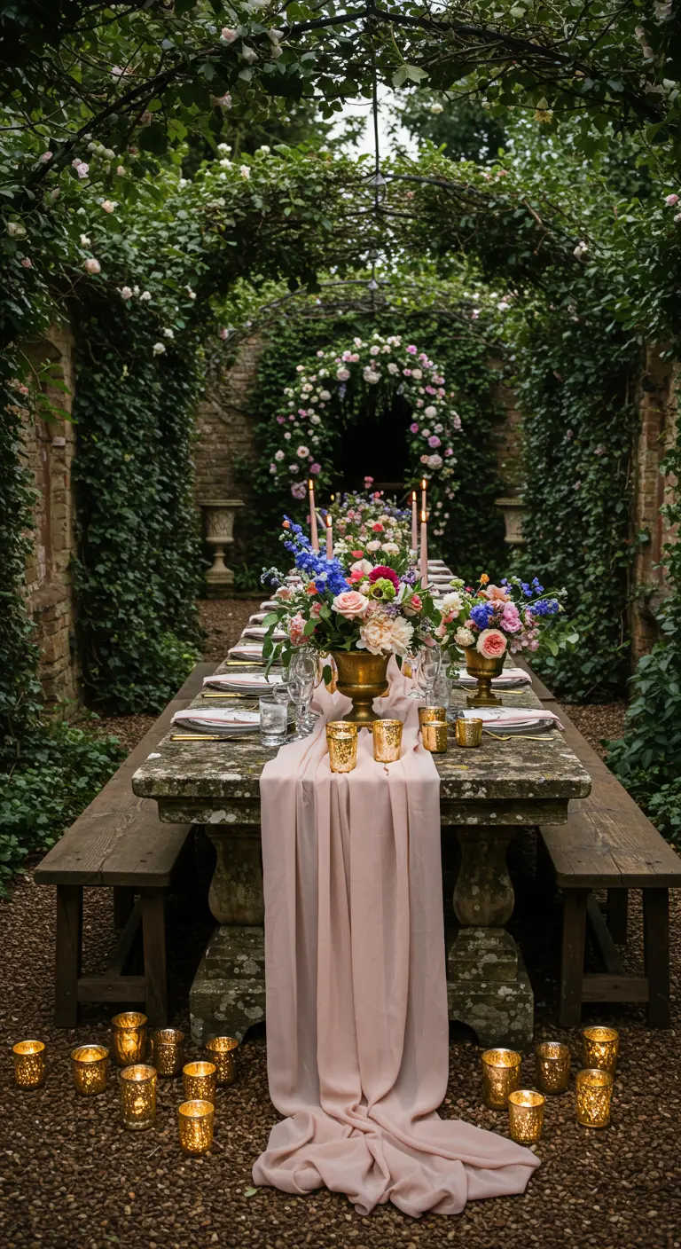 A stone table in a secret garden setting, surrounded by ivy, flowers, and candles.