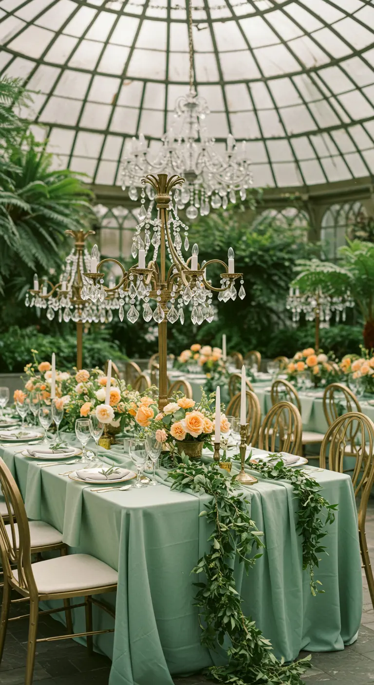 A lush green tablescape with gold candelabras, taper candles, and a long ivy garland.