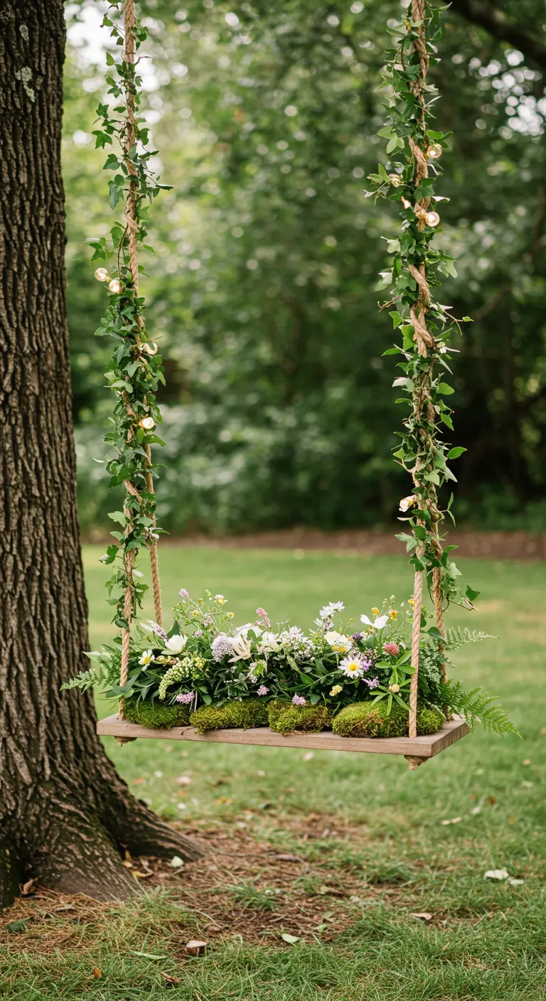 A wooden swing decorated with ivy, moss, wildflowers, and lights.
