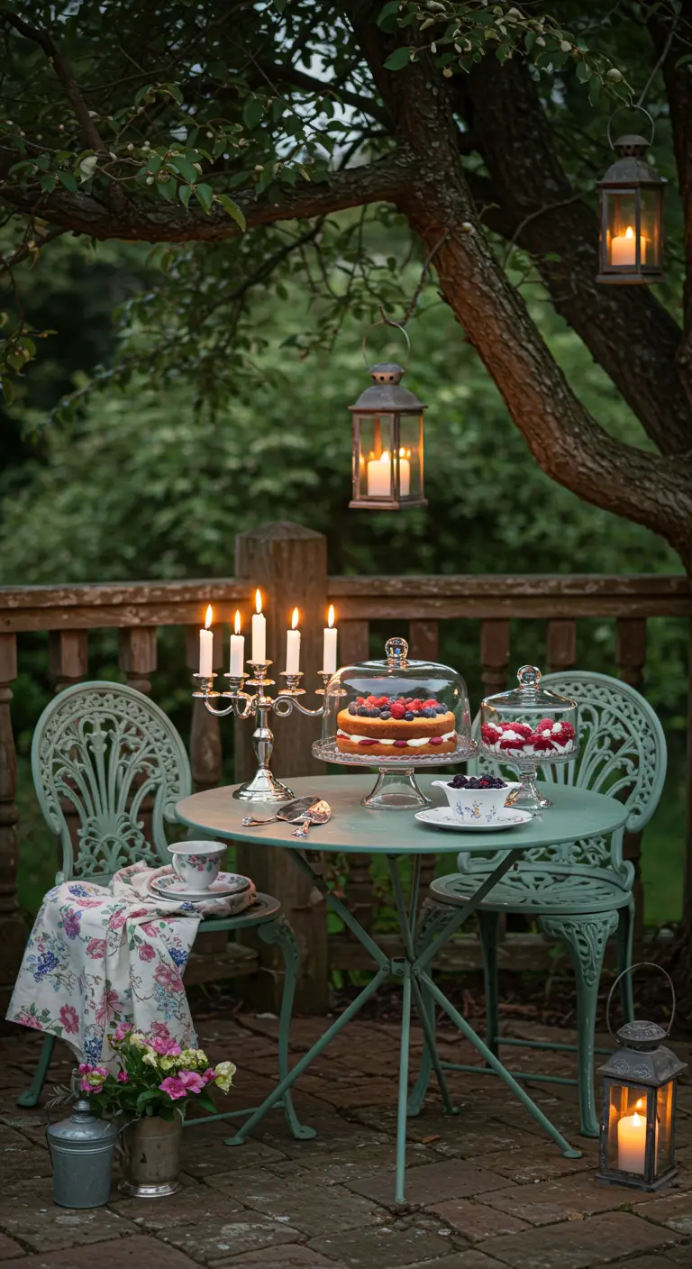 A vintage green metal bistro set under a tree with hanging lanterns and a cake under a cloche.