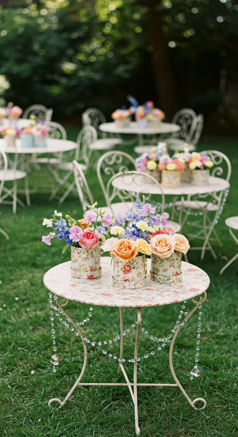 Small floral-print tin vases with colorful flowers on a white table in a garden.