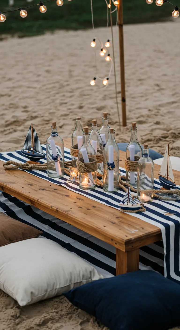Beach picnic table with message-in-a-bottle place cards and string lights.