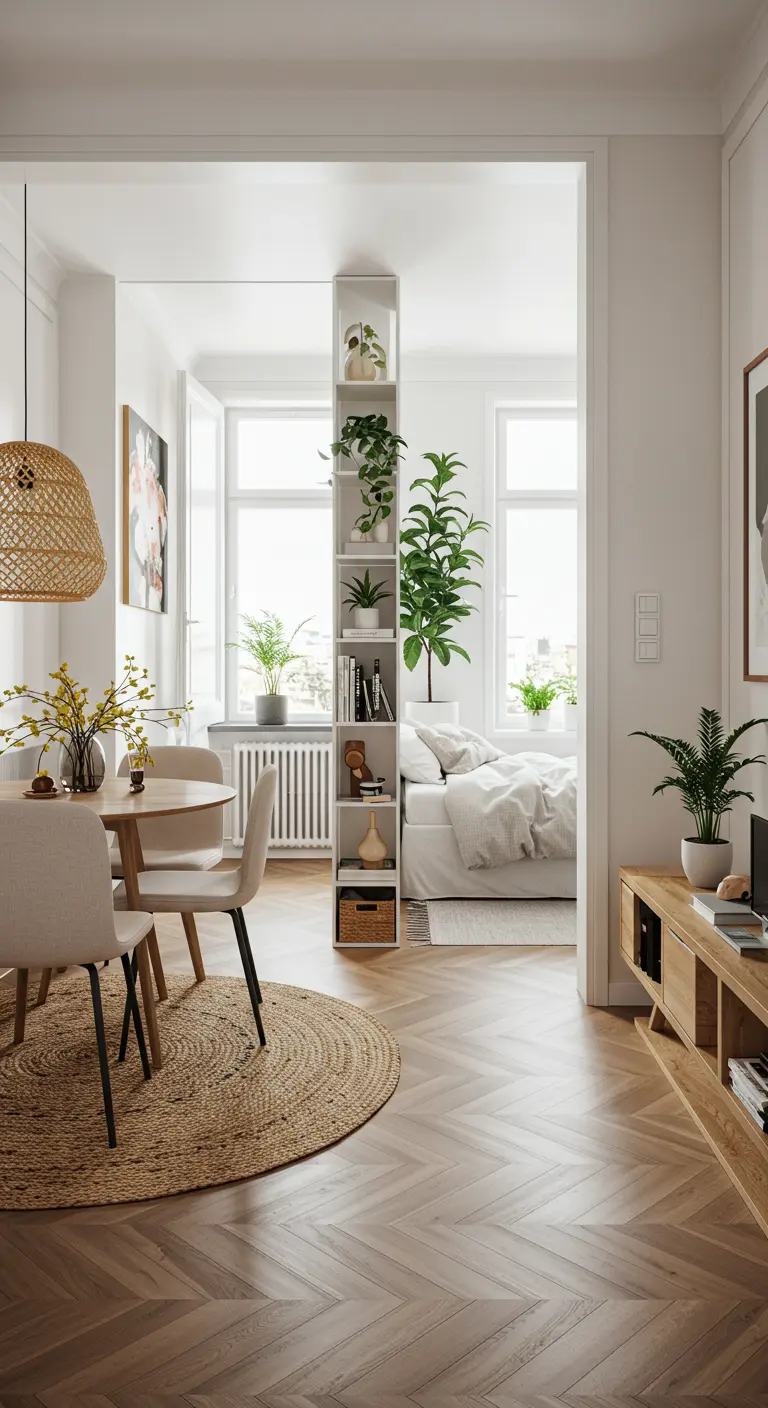 A tall, thin white shelving unit filled with plants separates a dining area from a bed.