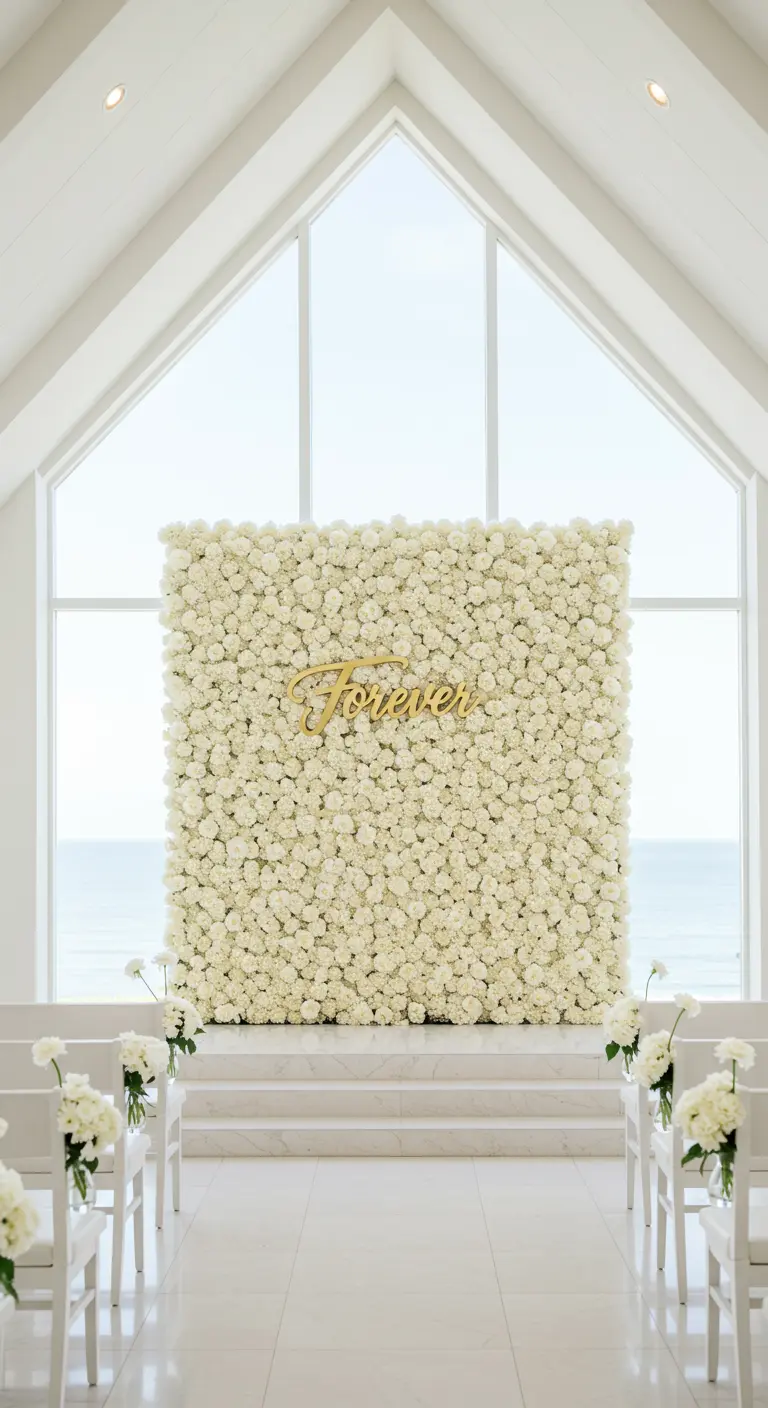 A square white flower wall with the word 'Forever' in gold script in a modern white chapel.