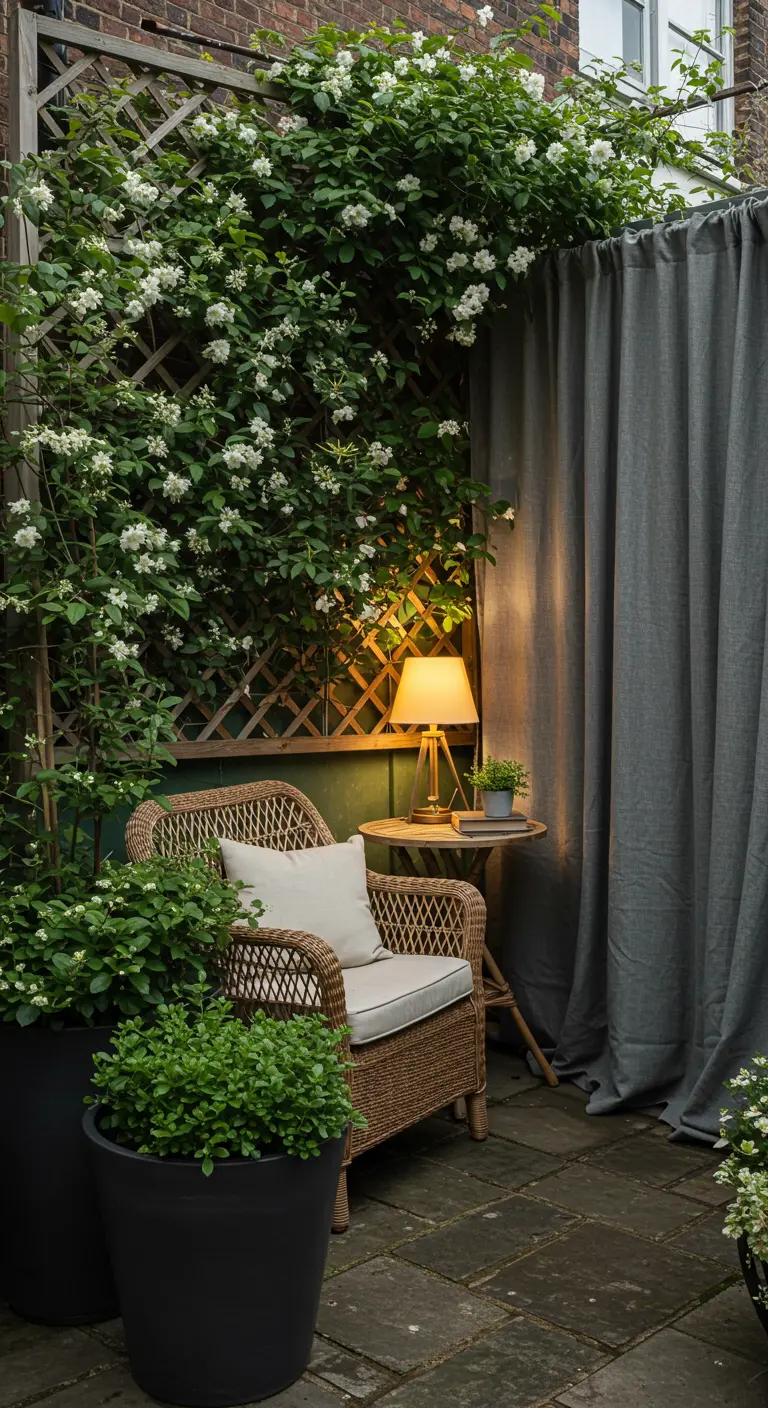Cozy patio corner with rattan chair, table lamp, white climbing roses on trellis, and privacy drapes.