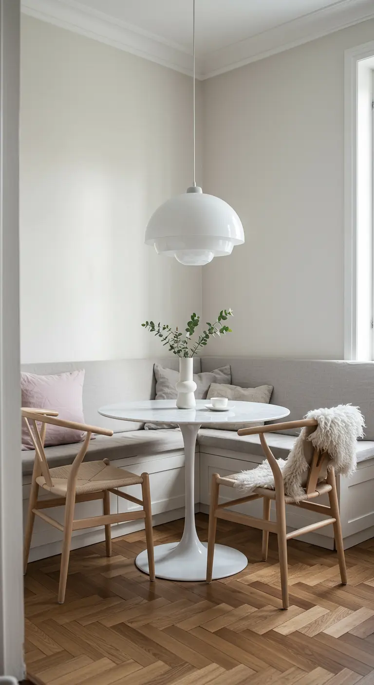 A light grey dining nook with a white tulip table and wishbone chairs.
