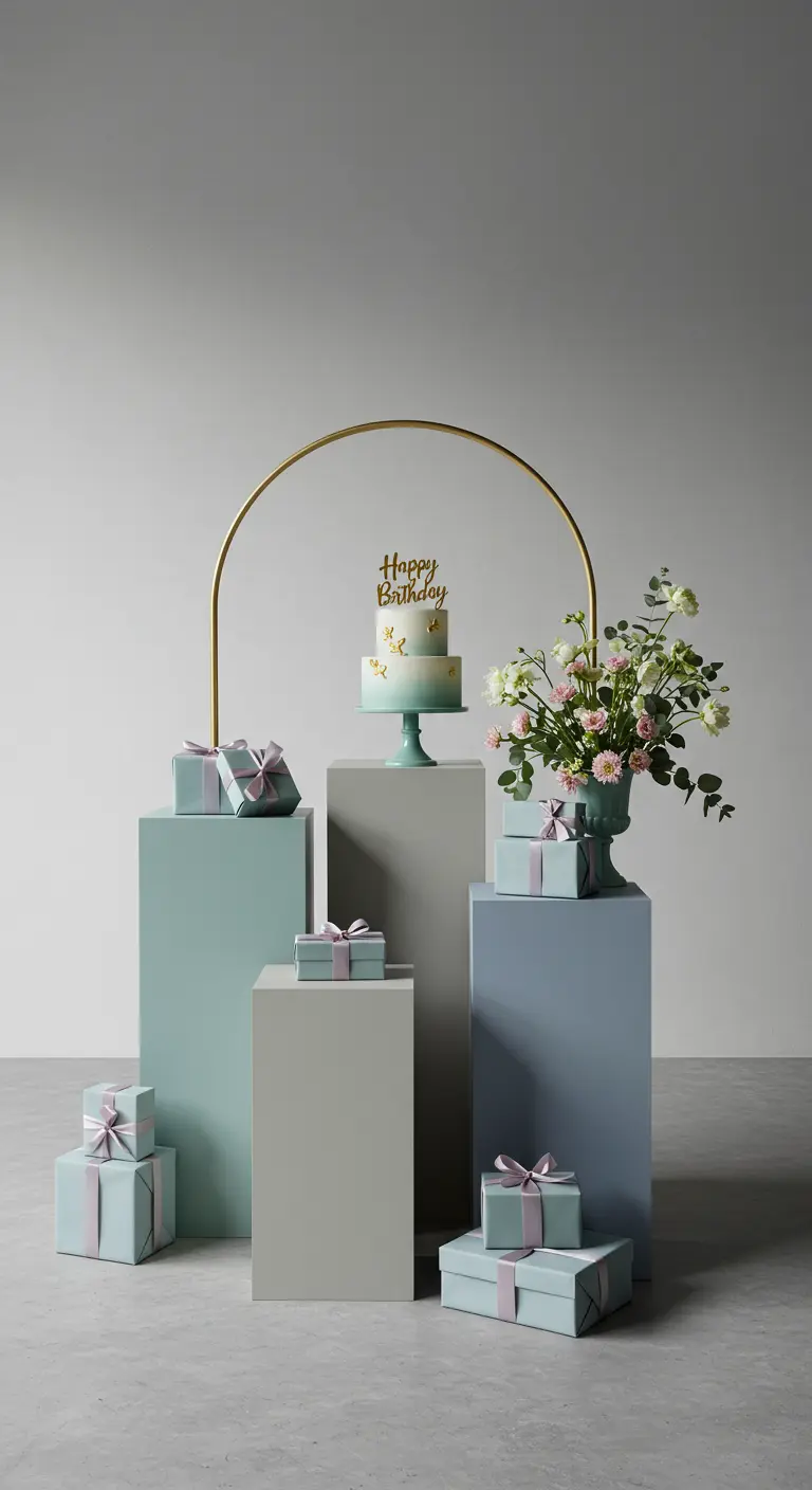 A minimalist display of gifts and a cake on pedestals painted in muted blue and gray tones.