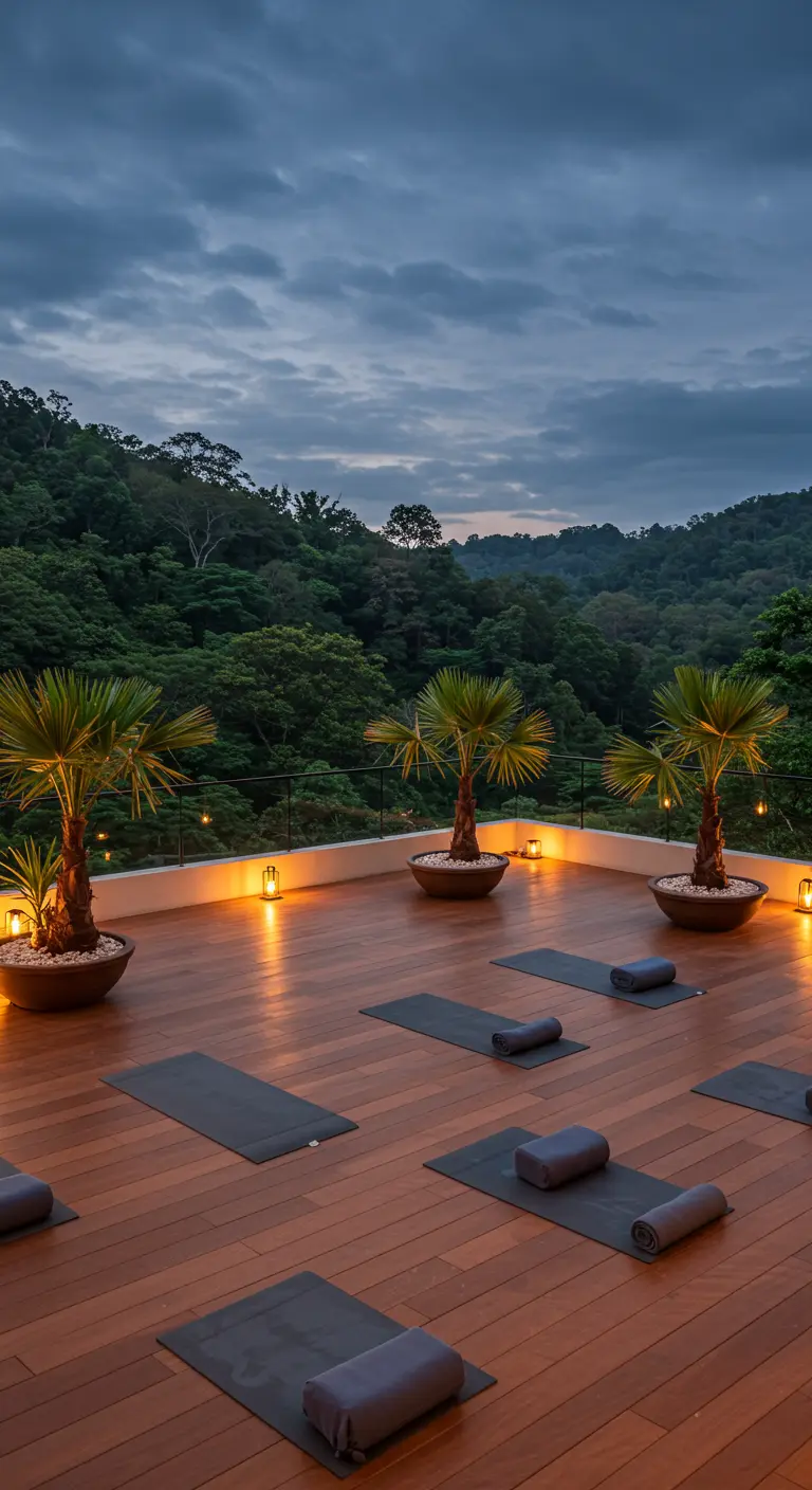 An open-air wooden deck with yoga mats, surrounded by low potted palms and uplights at dusk.