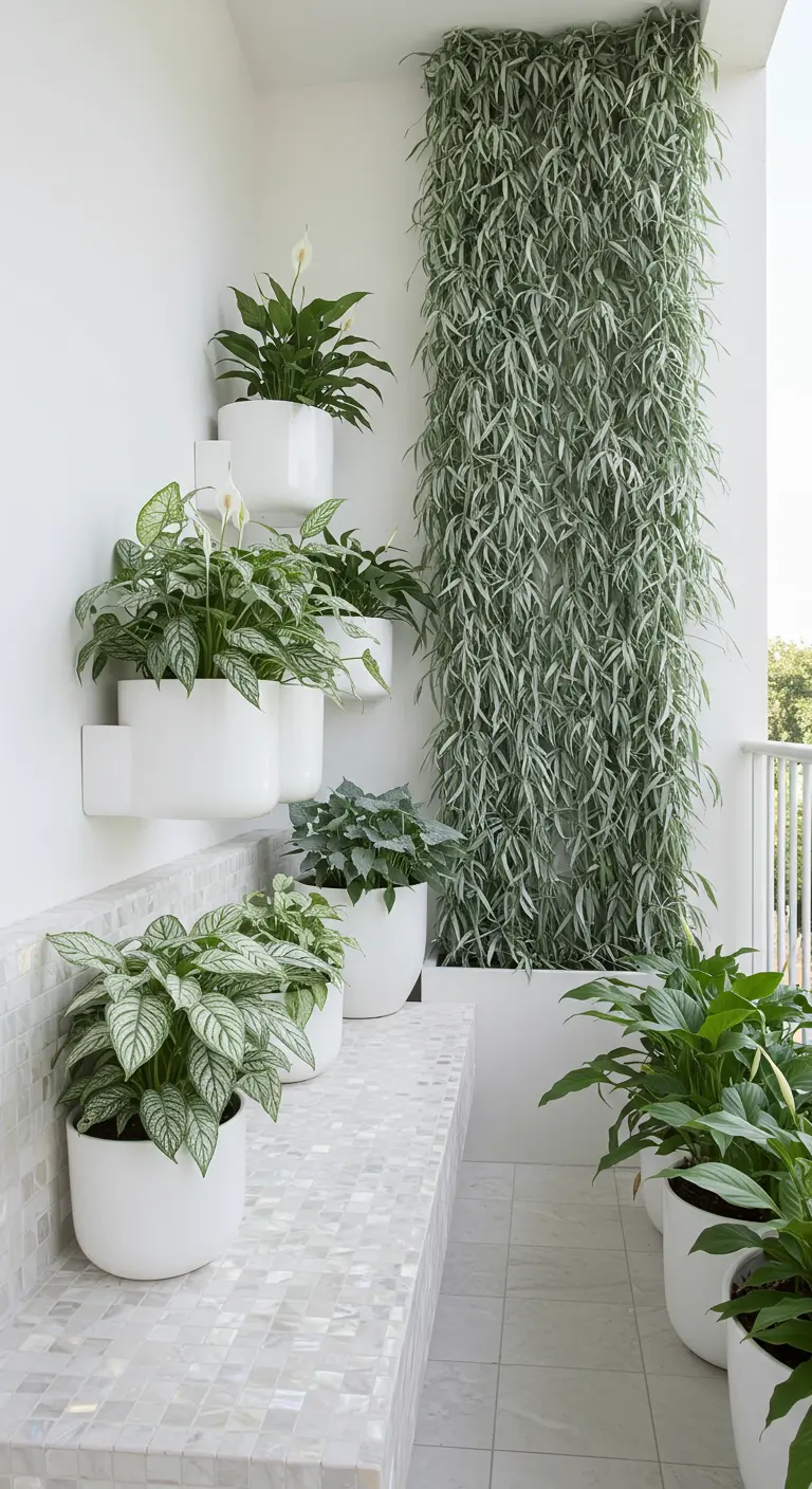 A white pearlescent mosaic bench in an all-white garden with silver-leafed plants.