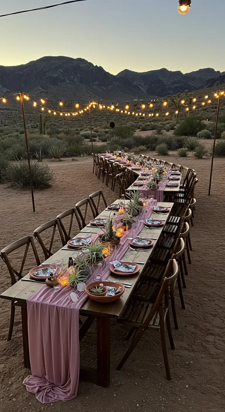 Long serpentine wedding table with mauve runner under string lights in the desert.