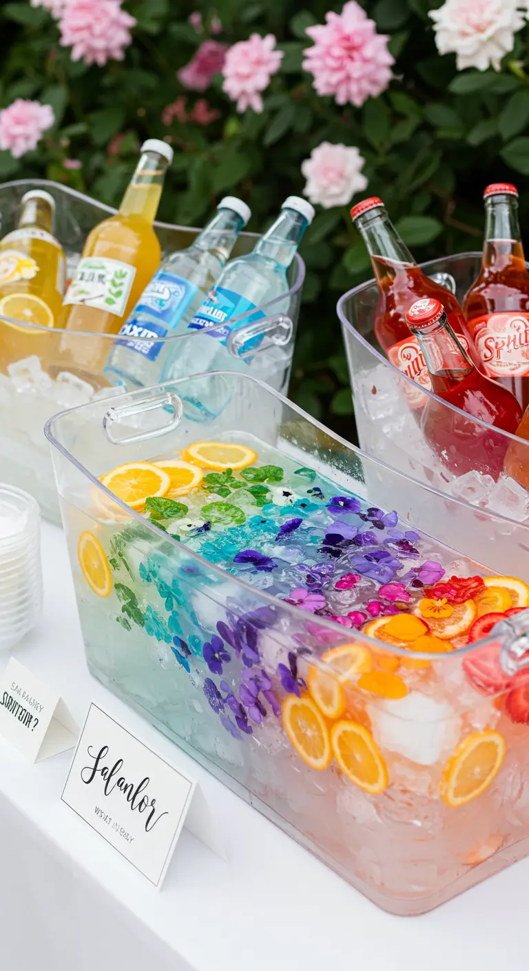 A clear punch dispenser with layers of rainbow-colored drinks, garnished with fruit and flowers.