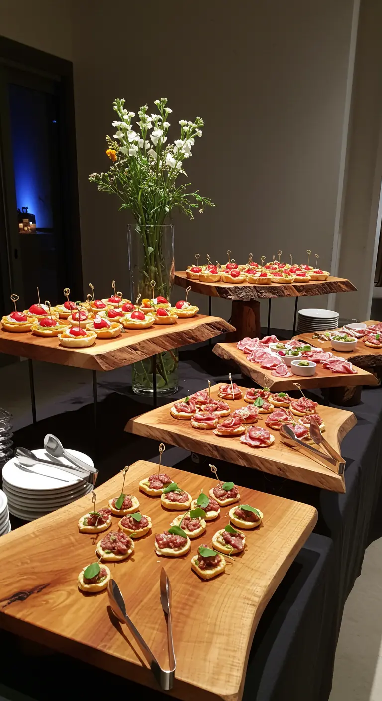 Appetizers arranged on multi-level, live-edge wood serving boards.
