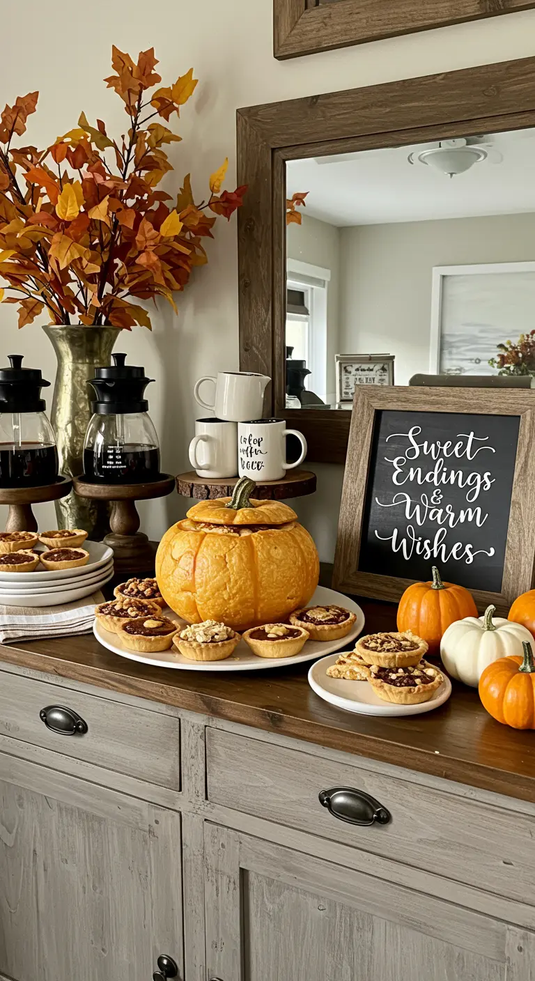 Dessert buffet with a hollowed-out pumpkin used as a serving bowl for mini tarts.