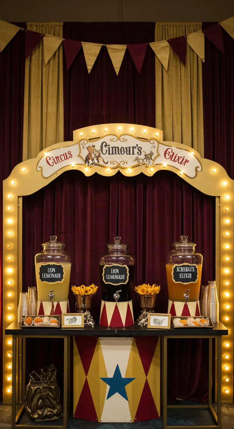 A vintage circus drink station with a light-up sign and themed lemonade dispensers.