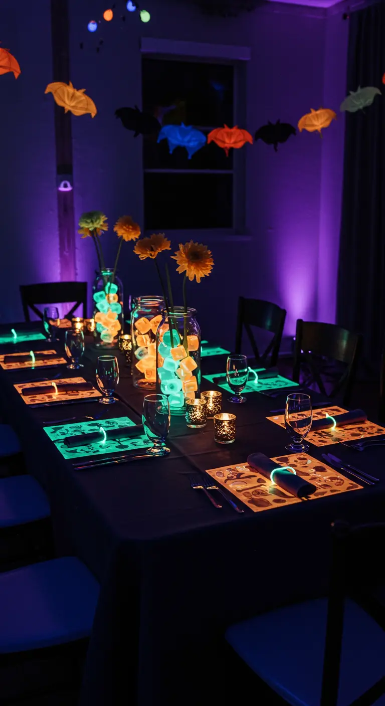 A dinner table set with glowing placemats and centerpieces filled with glowing orbs.