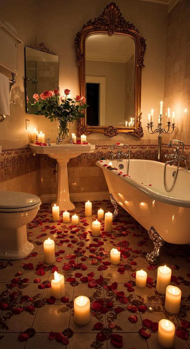 Bathroom floor covered in glowing candles and red rose petals.