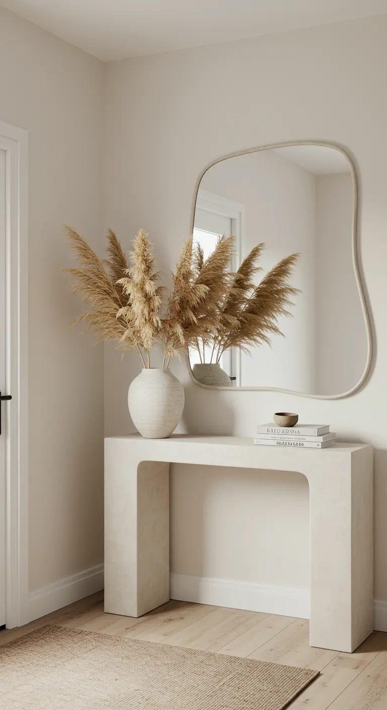 Minimalist entryway with a curved plaster console table, an organic-shaped mirror, and pampas grass.