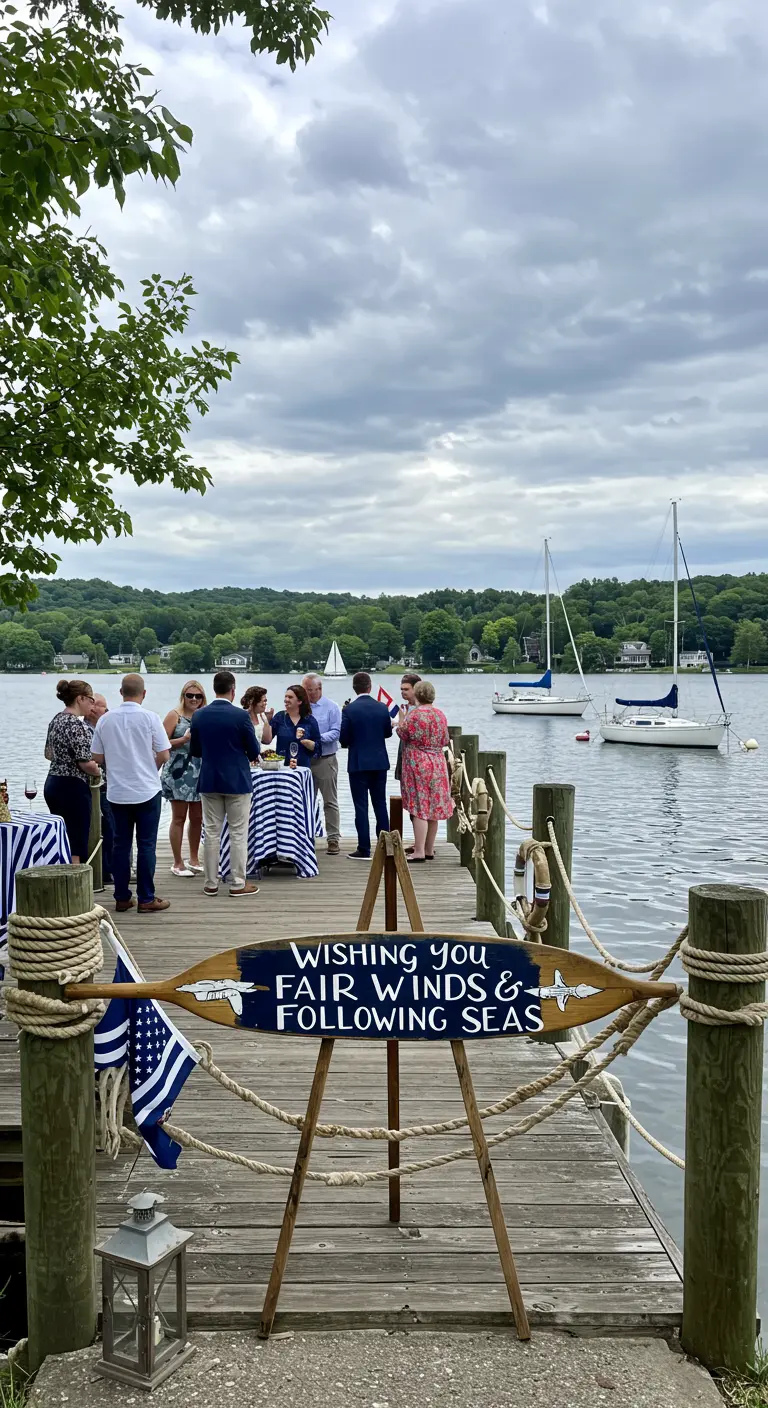 A party sign painted on a wooden boat oar that says 'Wishing you fair winds & following seas.'