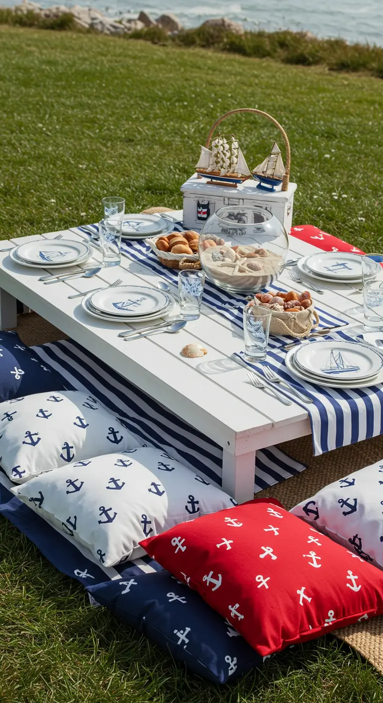 Nautical-themed picnic with a striped runner, anchor pillows, and a seashell centerpiece.